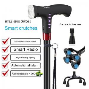 New intelligent aluminum alloy elderly crutches multi-functional radio four-foot anti-skid rehabilitation supplies Factory supply intelligent aluminum alloy four-leg crutches for the elderly with LED 